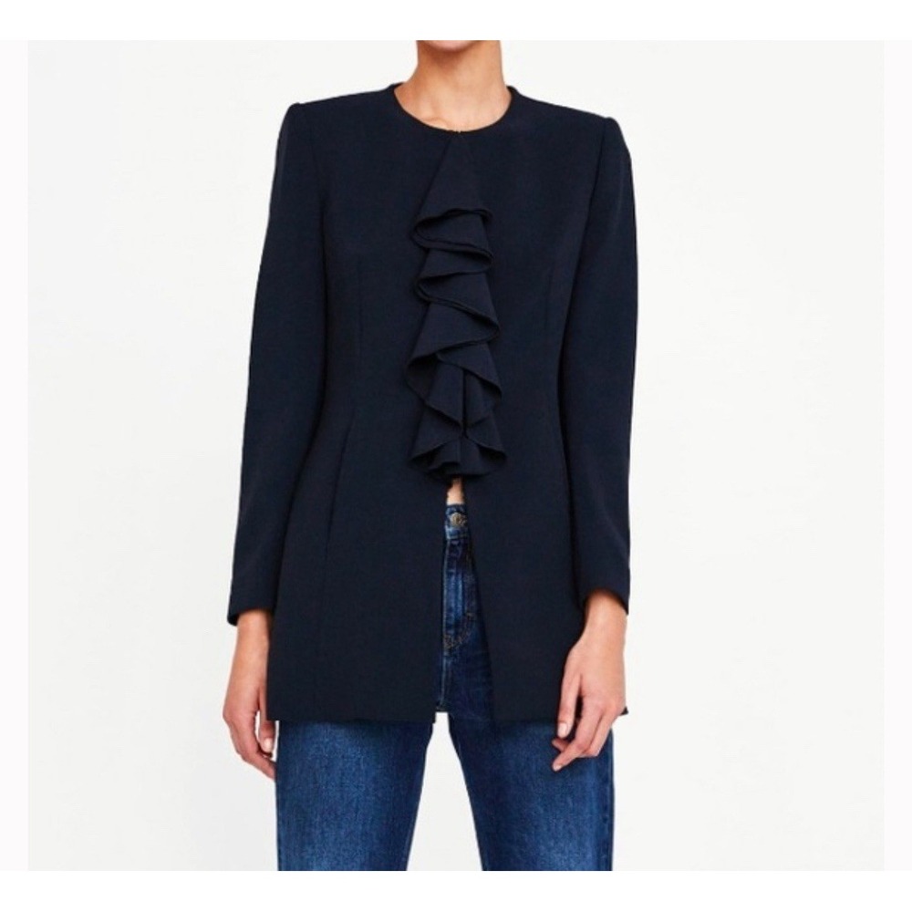 Zara Frock Ruffle Coat Women Medium Navy Blue Nautical Whimsigoth Dark Feminine‎